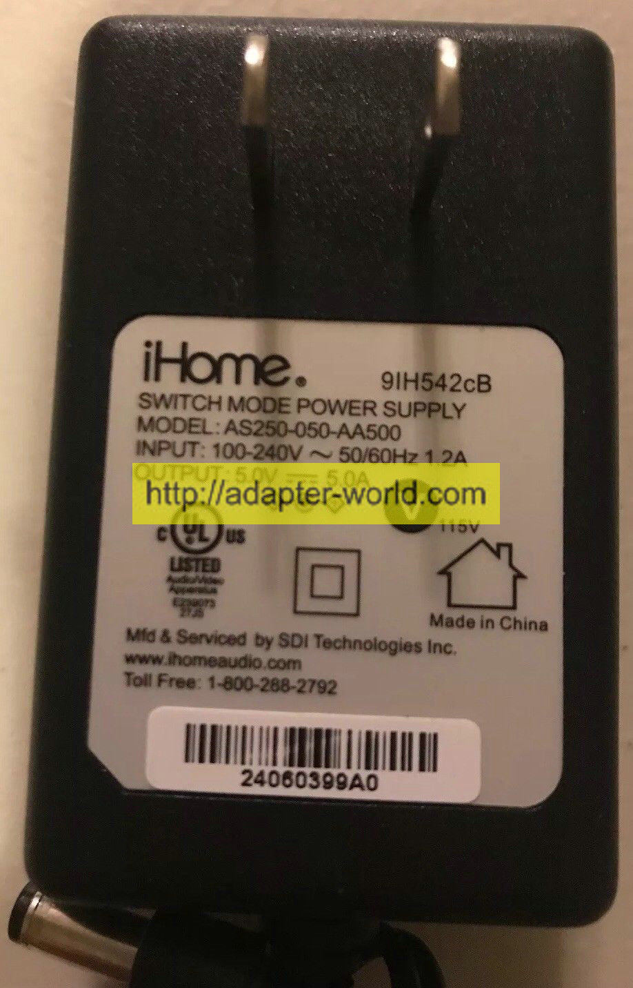 *100% Brand NEW* iHome AS250-050-AA500 Output 5V 5.0A 9IH542cB AC Replacement Power Adapter Free shipping!